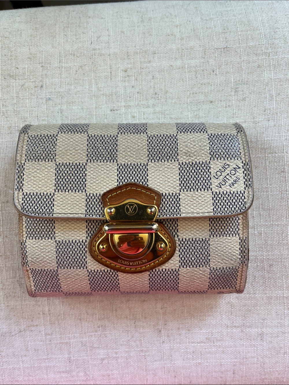 Louis Vuitton Damier Azur Check Small Wallet with Gold Hardware